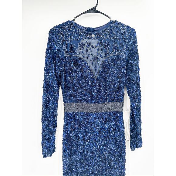 Mac Duggal 4316 Blue Long Sleeve Beaded Sequin Embellished Gown Size 6 - Picture 4 of 8